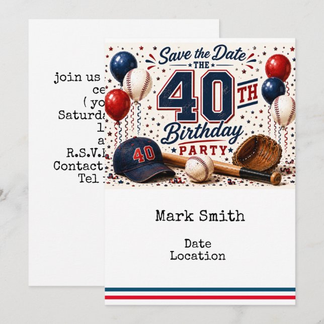 Invitation Fête d'anniversaire 40 ans de baseball  (Devant / Derrière)