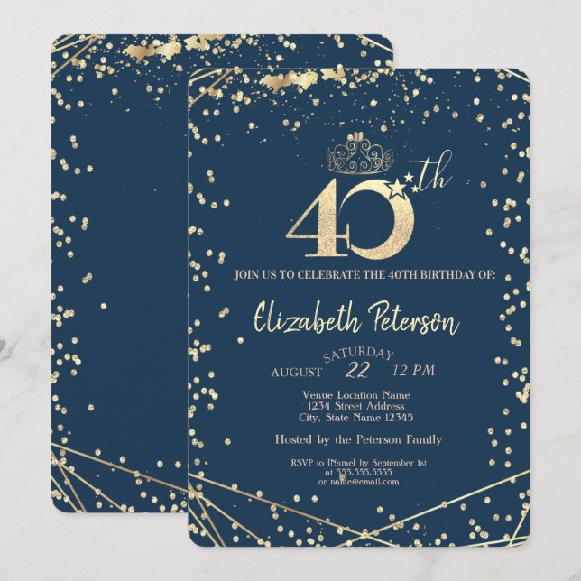 Invitation Fête d'anniversaire 40 ans Diamants Bleu Nuit Or   (Devant / Derrière)
