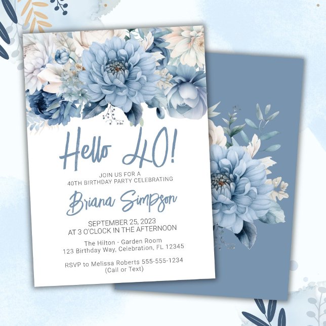 Invitation Fête d'anniversaire 40 ans Dusty Blue Floral (Créateur téléchargé)