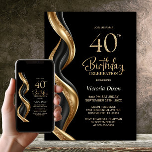 Invitation Fête d'anniversaire 40 ans élégante noire et or
