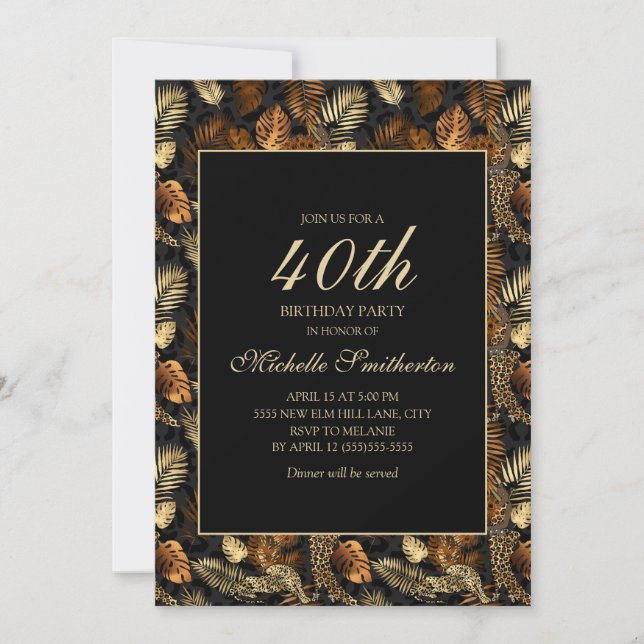 Invitation Fête d'anniversaire 40 ans Feuilles Noir Or Bronze (Devant)