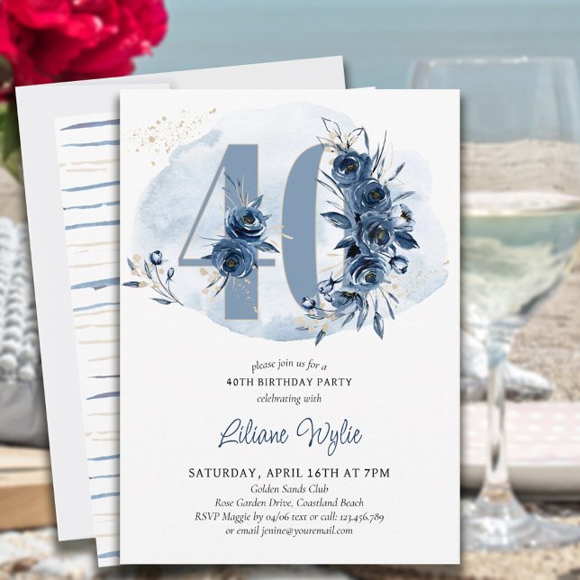 Invitation Fête d'anniversaire 40 ans Fleur Bleue Côtière Num (Créateur téléchargé)