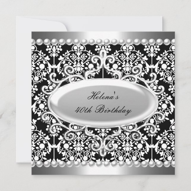 Invitation Fête d'anniversaire 40 ans Fleur de Damas noir et  (Devant)