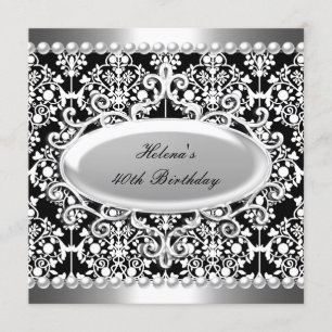 Invitation Fête d'anniversaire 40 ans Fleur de Damas noir et 