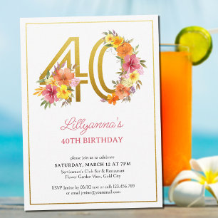 Invitation Fête d'anniversaire 40 ans Fleur jolie Or Numéro 4