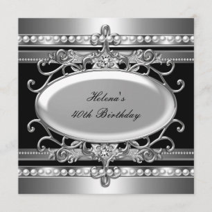Invitation Fête d'anniversaire 40 ans Fleur Perle Noir & Arge