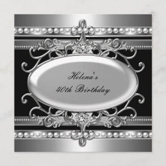 Invitation Fête d'anniversaire 40 ans Fleur Perle Noir & Arge