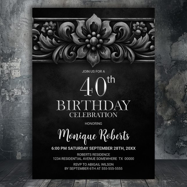 Invitation Fête d'anniversaire 40 ans Fleur Vintage Noir (Créateur téléchargé)