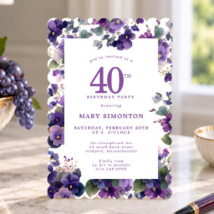 Invitation Fête d'anniversaire 40 ans Fleur violette pourpre