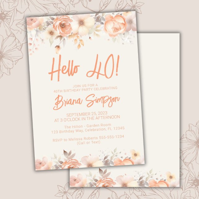 Invitation Fête d'anniversaire 40 ans Fleurs beige pêche ivoi (Créateur téléchargé)