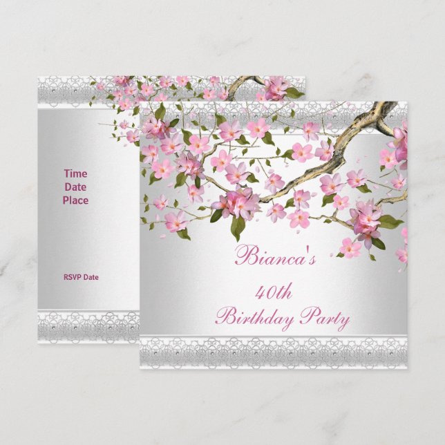 Invitation Fête d'anniversaire 40 ans Fleurs blanches et rose (Devant / Derrière)