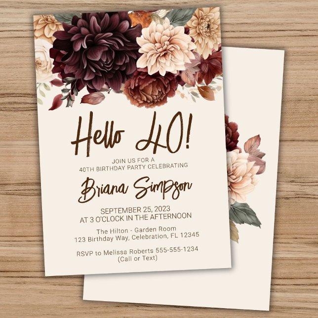 Invitation Fête d'anniversaire 40 ans Fleurs brun beige ivoir (Créateur téléchargé)