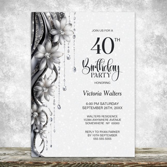 Invitation Fête d'anniversaire 40 ans Fleurs et Diamants (Créateur téléchargé)