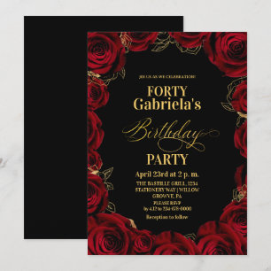 Invitation Fête d'anniversaire 40 ans Fleurs Noir Rouge Or