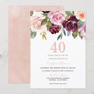 Invitation Fête d'anniversaire 40 ans Fleurs Rose Pêche et Bo