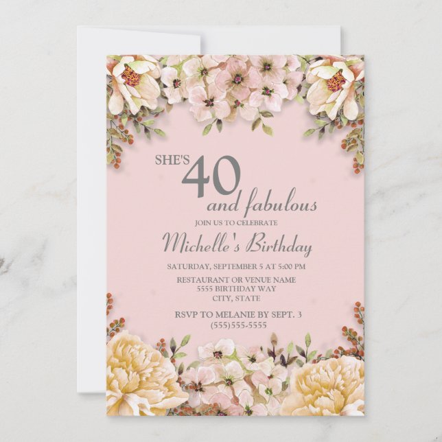 Invitation Fête d'anniversaire 40 ans Fleurs roses Champagne (Devant)