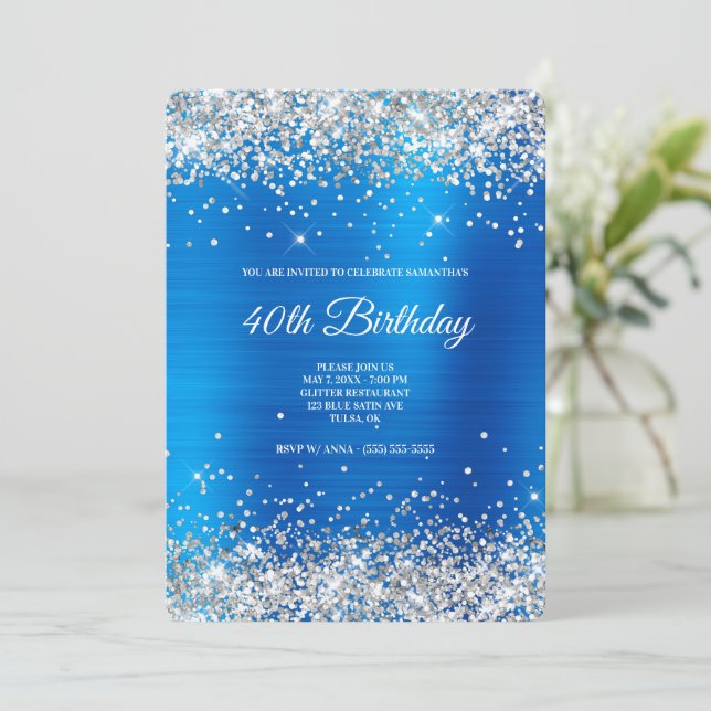 Invitation Fête d'anniversaire 40 ans Glitter Argent Satin Bl (Debout devant)