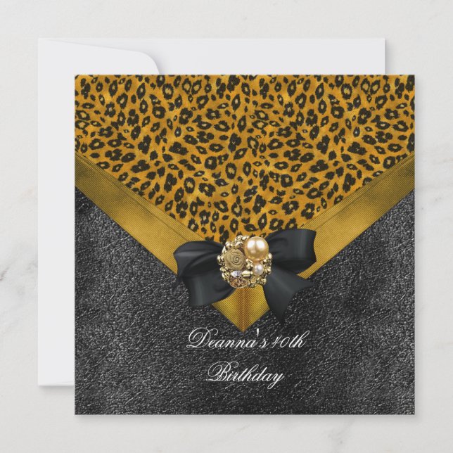 Invitation Fête d'anniversaire 40 ans Léopard Or Noir Bijou (Devant)