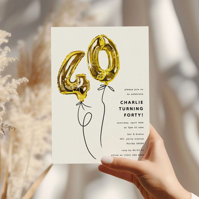 Invitation Fête d'anniversaire 40 ans Minimal Or 40 Ballons (Créateur téléchargé)