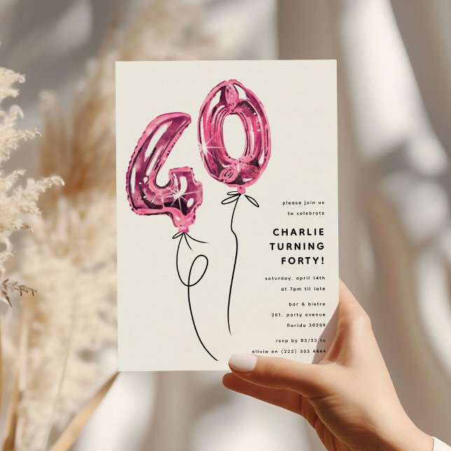 Invitation Fête d'anniversaire 40 ans Minimal Rose 40 Ballon (Créateur téléchargé)