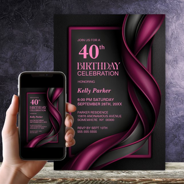 Invitation Fête d'anniversaire 40 ans Moderne Mûre Rouge et N (Créateur téléchargé)