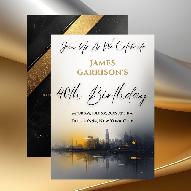 Invitation Fête d'anniversaire 40 ans Moderne Noir avec Or  (Modern 40th Birthday Party Black with Gold Invitation)