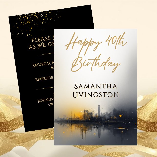 Invitation Fête d'anniversaire 40 ans Moderne Noir et Or (Modern Happy 40th Birthday Party Black and Gold Invitation)