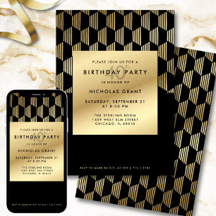 Invitation Fête d'anniversaire 40 ans Moderne Noir et Or Feui