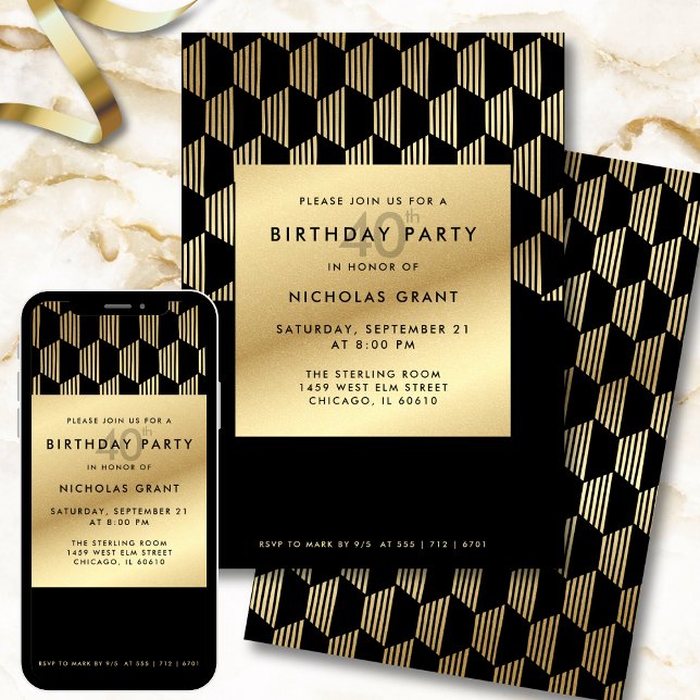 Invitation Fête d'anniversaire 40 ans Moderne Noir et Or Feui (Créateur téléchargé)