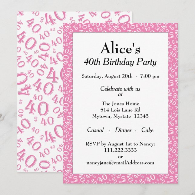 Invitation Fête d'anniversaire 40 ans, motif numérique rose/b (Devant / Derrière)