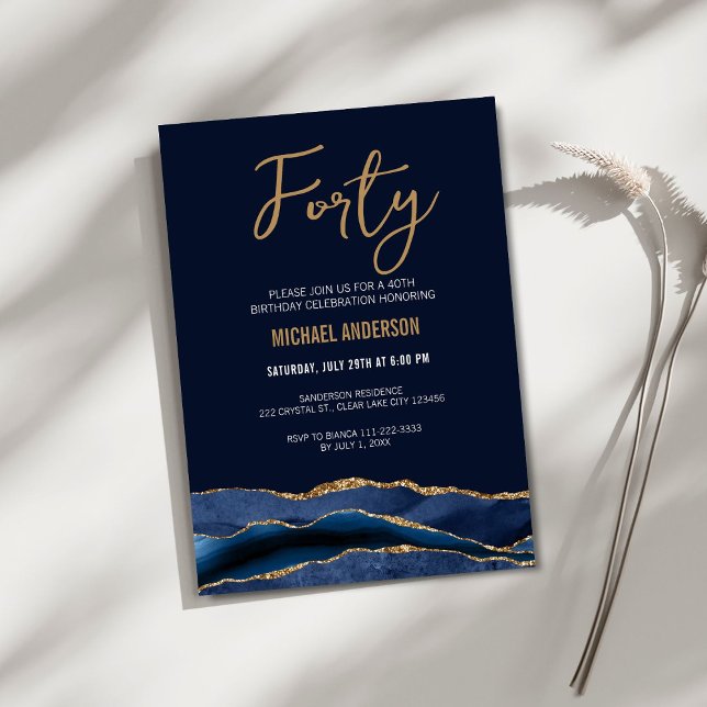 Invitation Fête d'anniversaire 40 ans Navy Blue Gold Agate Mo (Créateur téléchargé)