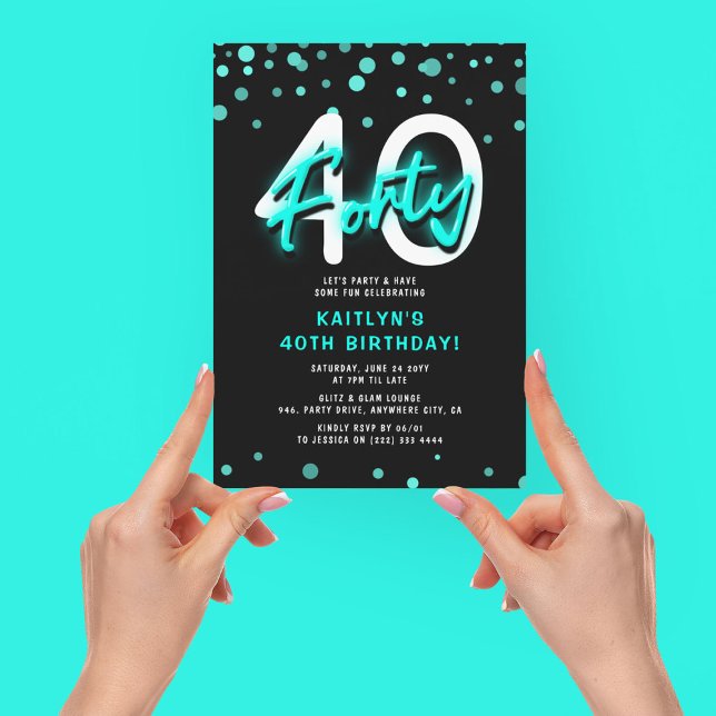 Invitation Fête d'anniversaire 40 ans Neon Teal Thirty (Créateur téléchargé)