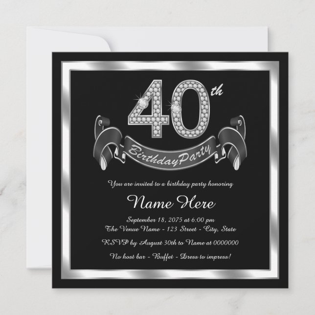 Invitation Fête d'anniversaire 40 ans Noir Argent (Devant)