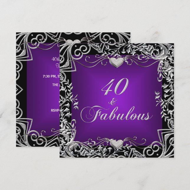 Invitation Fête d'anniversaire 40 ans Noir Argent Violet fonc (Devant / Derrière)