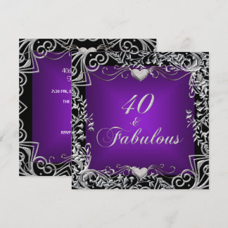 Invitation Fête d'anniversaire 40 ans Noir Argent Violet fonc