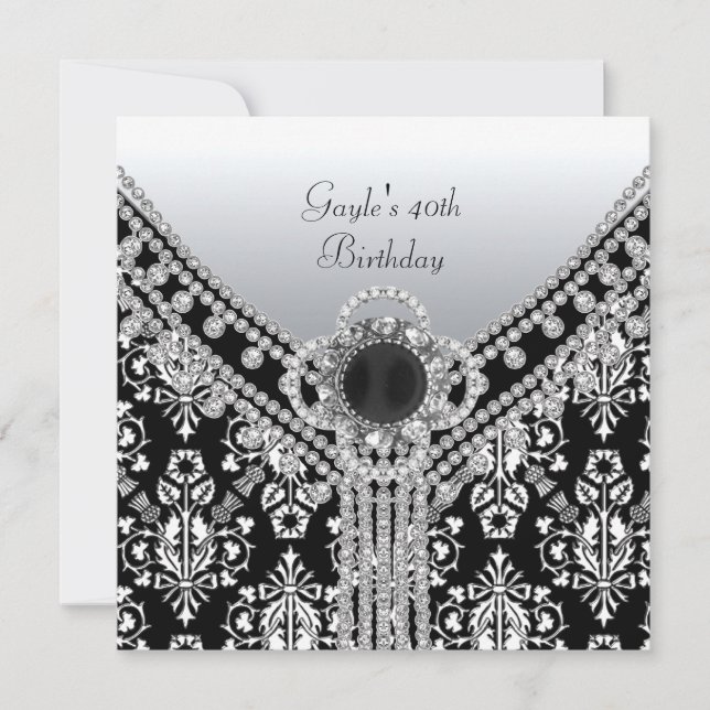 Invitation Fête d'anniversaire 40 ans Noir Blanc Damassé Diam (Devant)