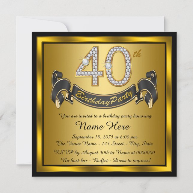 Invitation Fête d'anniversaire 40 ans noir et or (Devant)