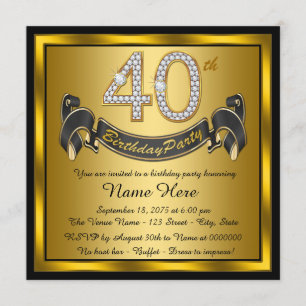 Invitation Fête d'anniversaire 40 ans noir et or