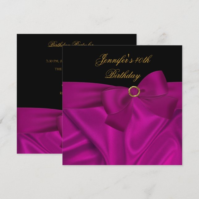 Invitation Fête d'anniversaire 40 ans Noir prune rose ruban (Devant / Derrière)