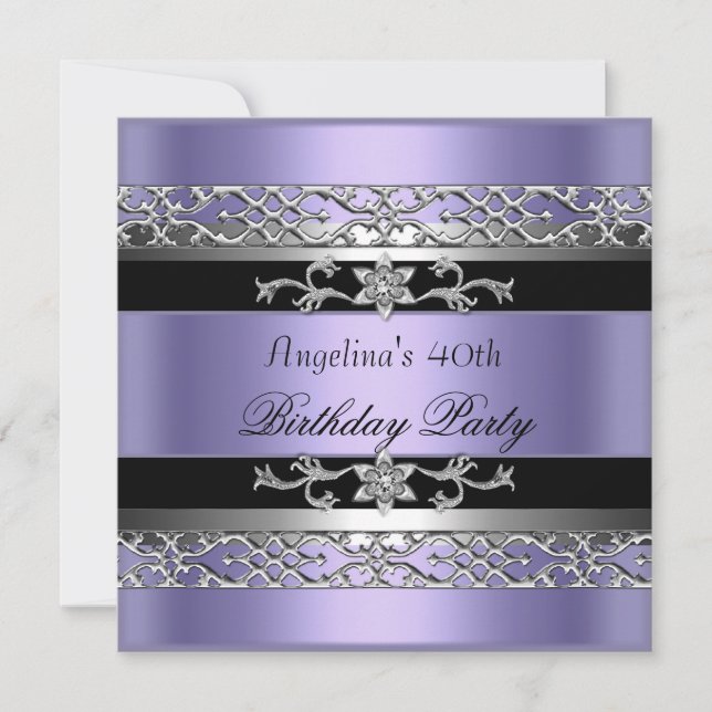 Invitation Fête d'anniversaire 40 ans Noir Violet Argent (Devant)