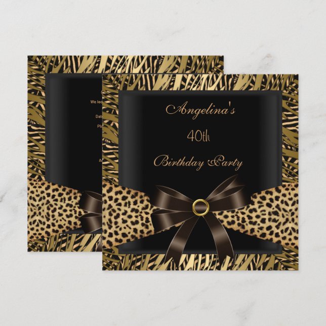 Invitation Fête d'anniversaire 40 ans Or Léopard Marron Noir (Devant / Derrière)
