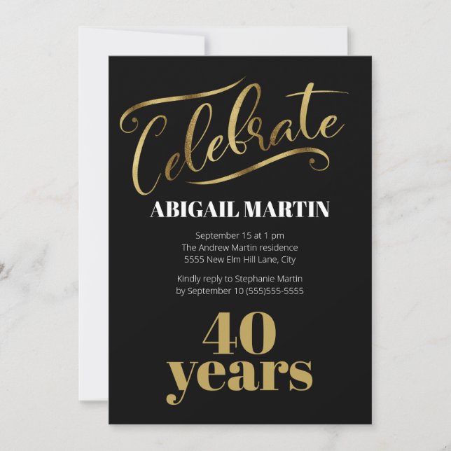 Invitation Fête d'anniversaire 40 ans Or Noir Blanc (Devant)