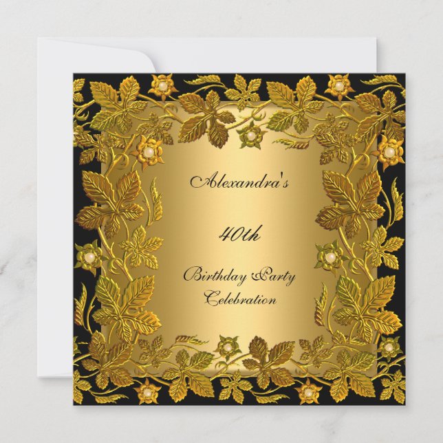 Invitation Fête d'anniversaire 40 ans Or Noir Floral (Devant)