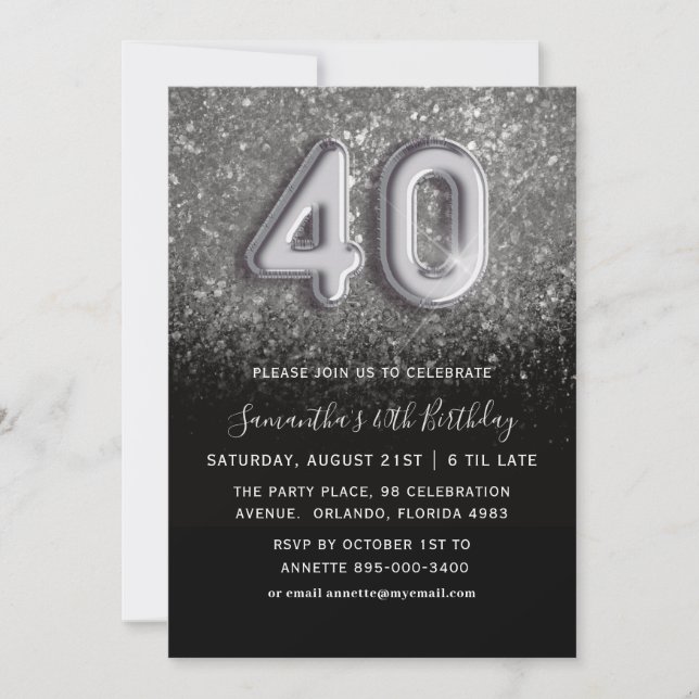 Invitation Fête d'anniversaire 40 ans paillettes argentées et (Devant)