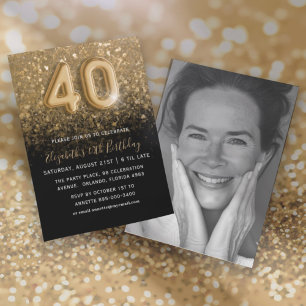 Invitation Fête d'anniversaire 40 ans paillettes dorées et no