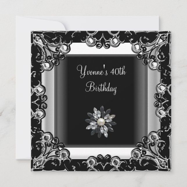 Invitation Fête d'anniversaire 40 ans perle cristal noir blan (Devant)