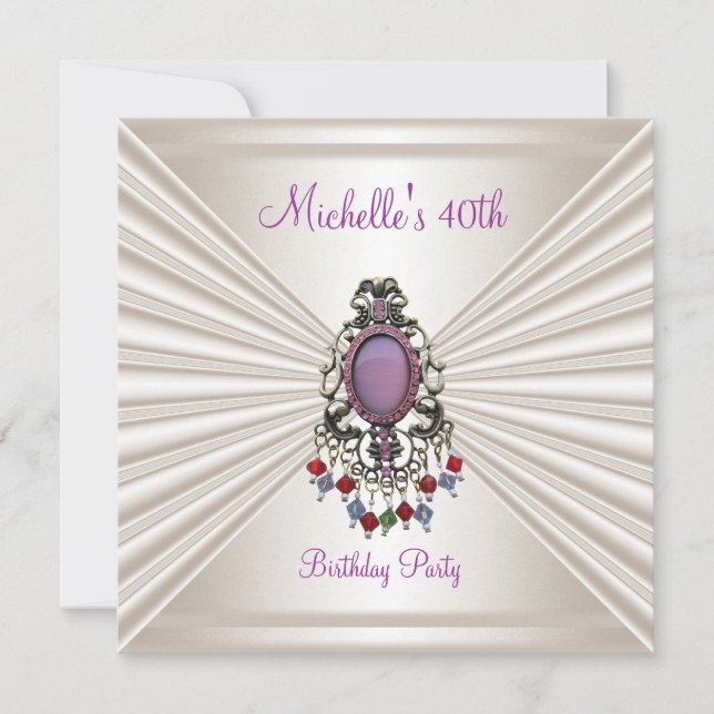 Invitation Fête d'anniversaire 40 ans perle de soie crème mau (Devant)