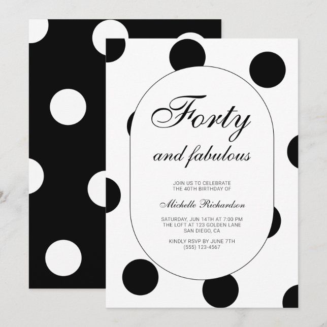 Invitation Fête d'anniversaire 40 ans Polka Dot Forty and Fab (Devant / Derrière)