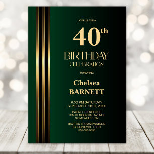 Invitation Fête d'anniversaire 40 ans rayé noir vert doré