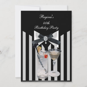 Invitation Fête d'anniversaire 40 ans rayure noir et blanc no